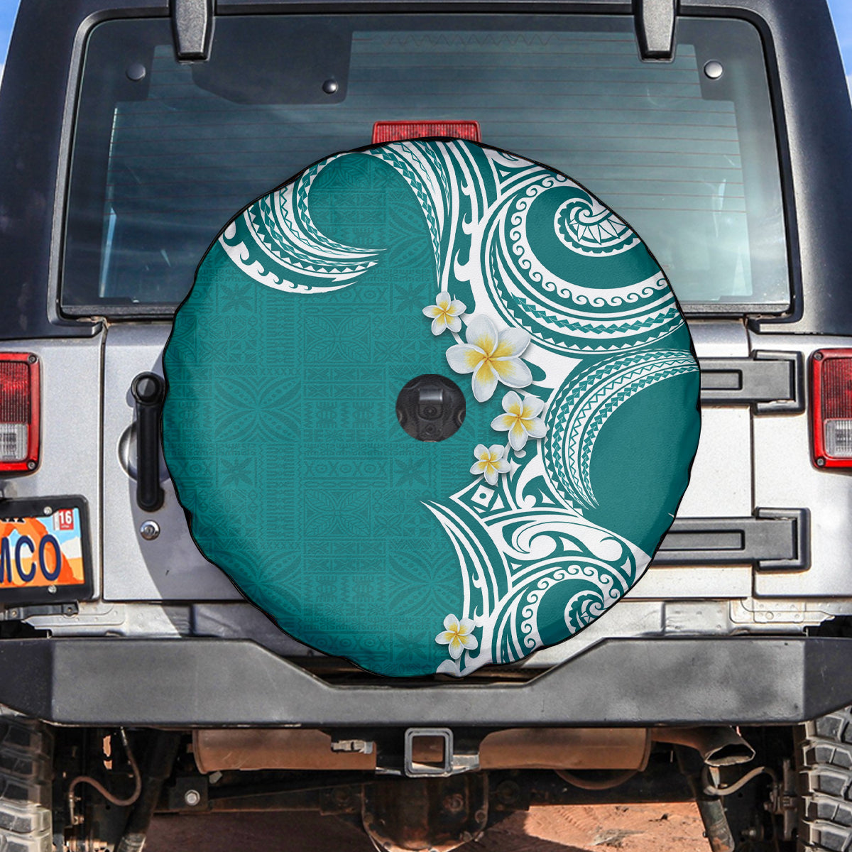 Aloha Polynesian Plumeria Flower Spare Tire Cover Teal Color