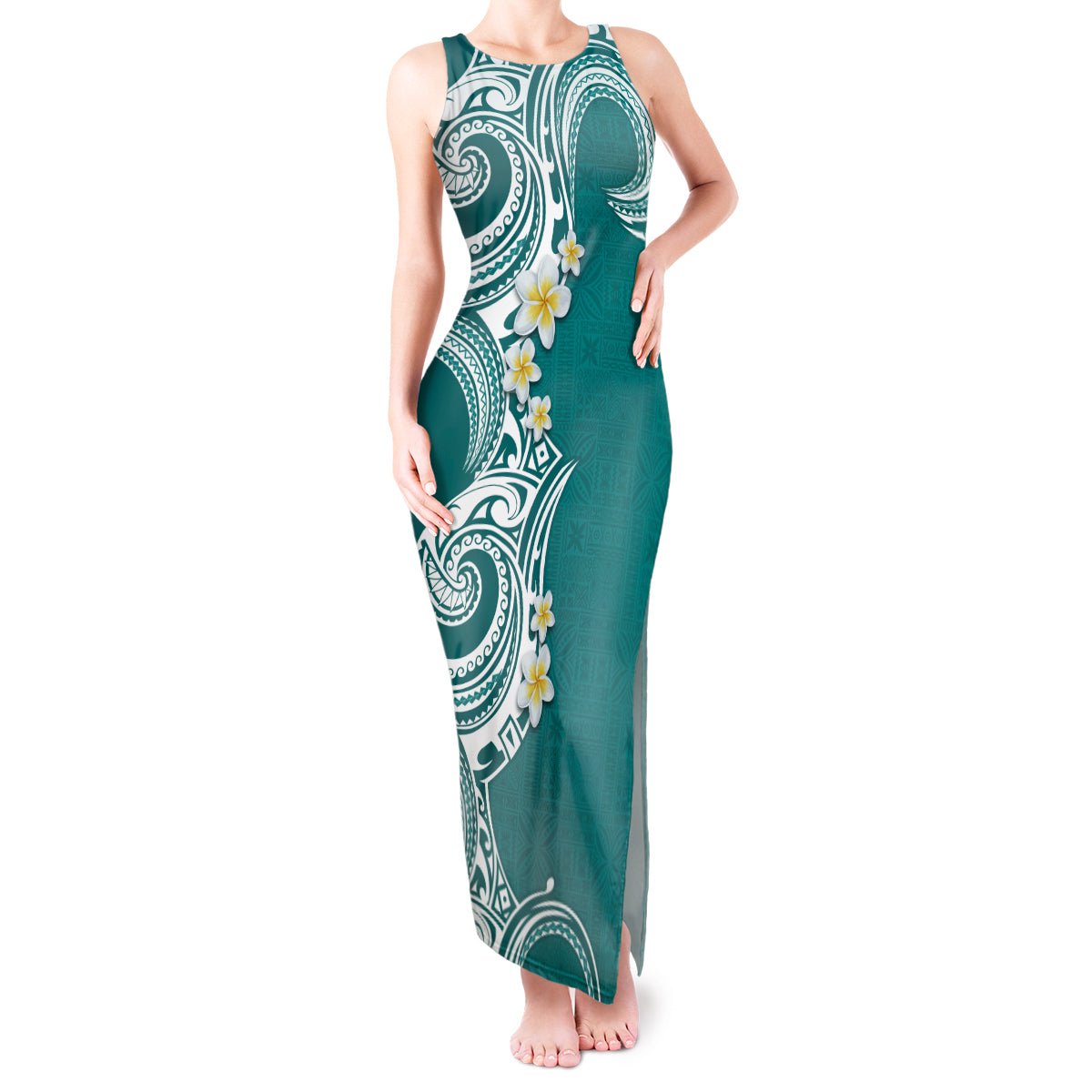 Aloha Polynesian Plumeria Flower Tank Maxi Dress Teal Color