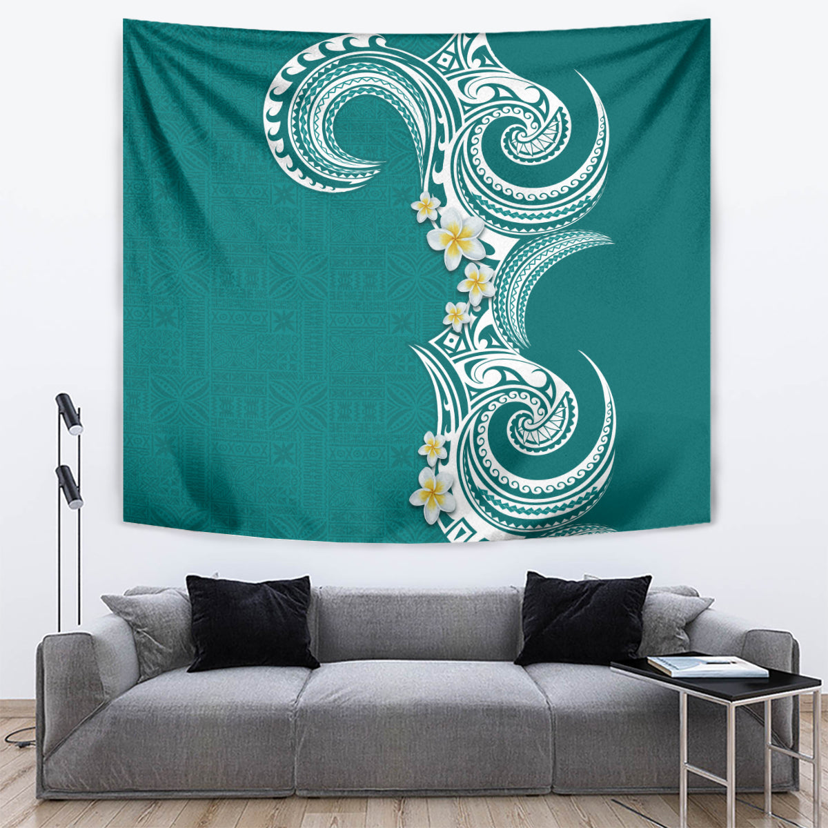 Aloha Polynesian Plumeria Flower Tapestry Teal Color