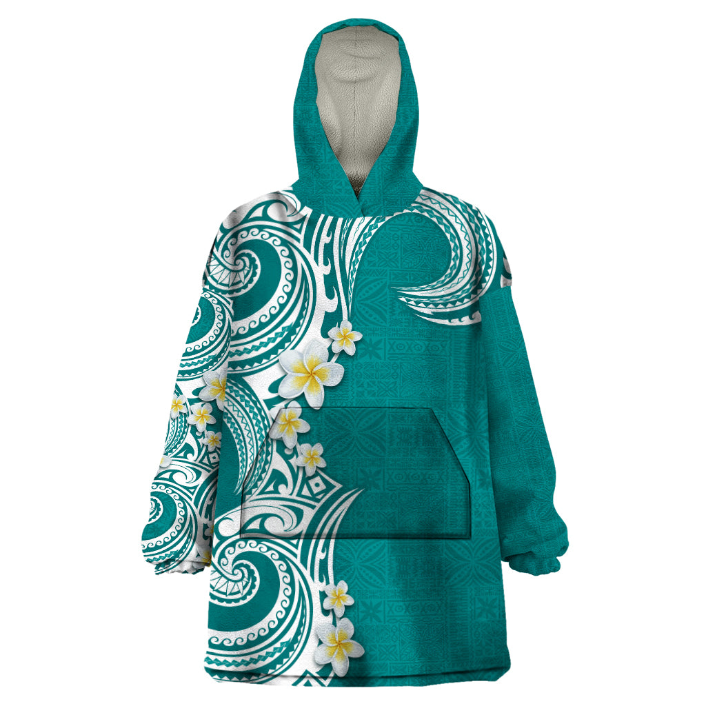 Aloha Polynesian Plumeria Flower Wearable Blanket Hoodie Teal Color