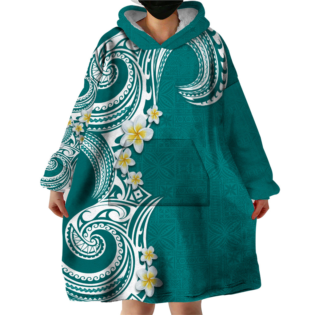Aloha Polynesian Plumeria Flower Wearable Blanket Hoodie Teal Color LT03 - Polynesian Pride