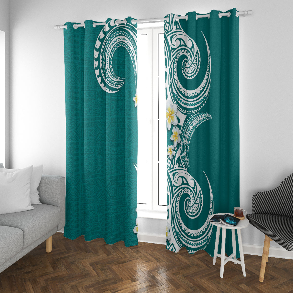 Aloha Polynesian Plumeria Flower Window Curtain Teal Color LT03 With Grommets Teal - Polynesian Pride