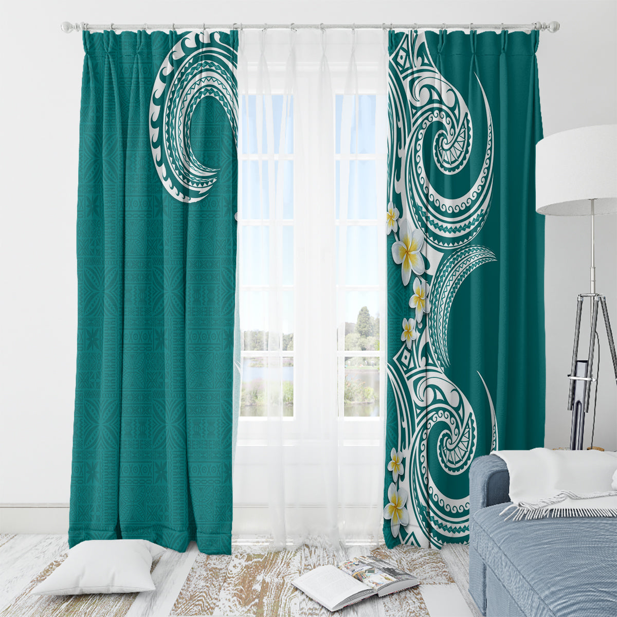 Aloha Polynesian Plumeria Flower Window Curtain Teal Color LT03 - Polynesian Pride