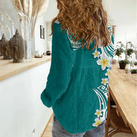 Aloha Polynesian Plumeria Flower Women Casual Shirt Teal Color