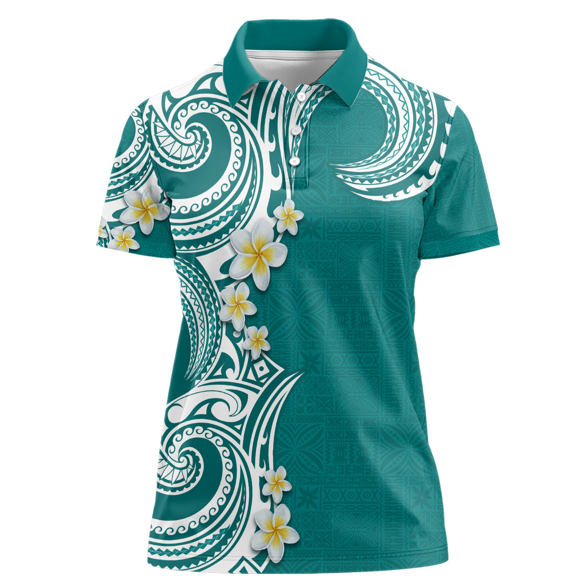 Aloha Polynesian Plumeria Flower Women Polo Shirt Teal Color