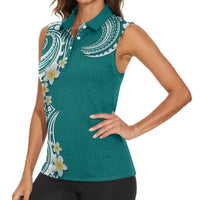 Aloha Polynesian Plumeria Flower Women Sleeveless Polo Shirt Teal Color