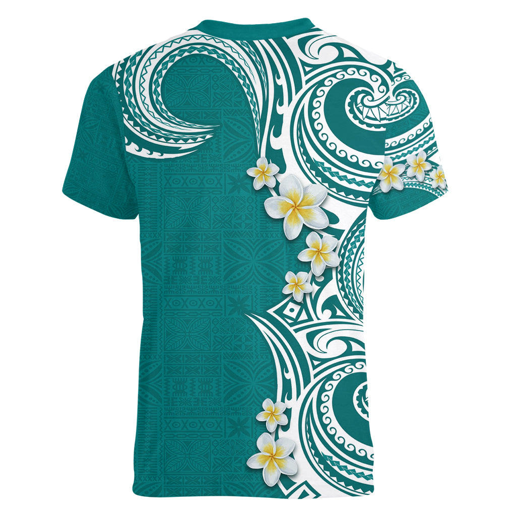 Aloha Polynesian Plumeria Flower Women V-Neck T-Shirt Teal Color