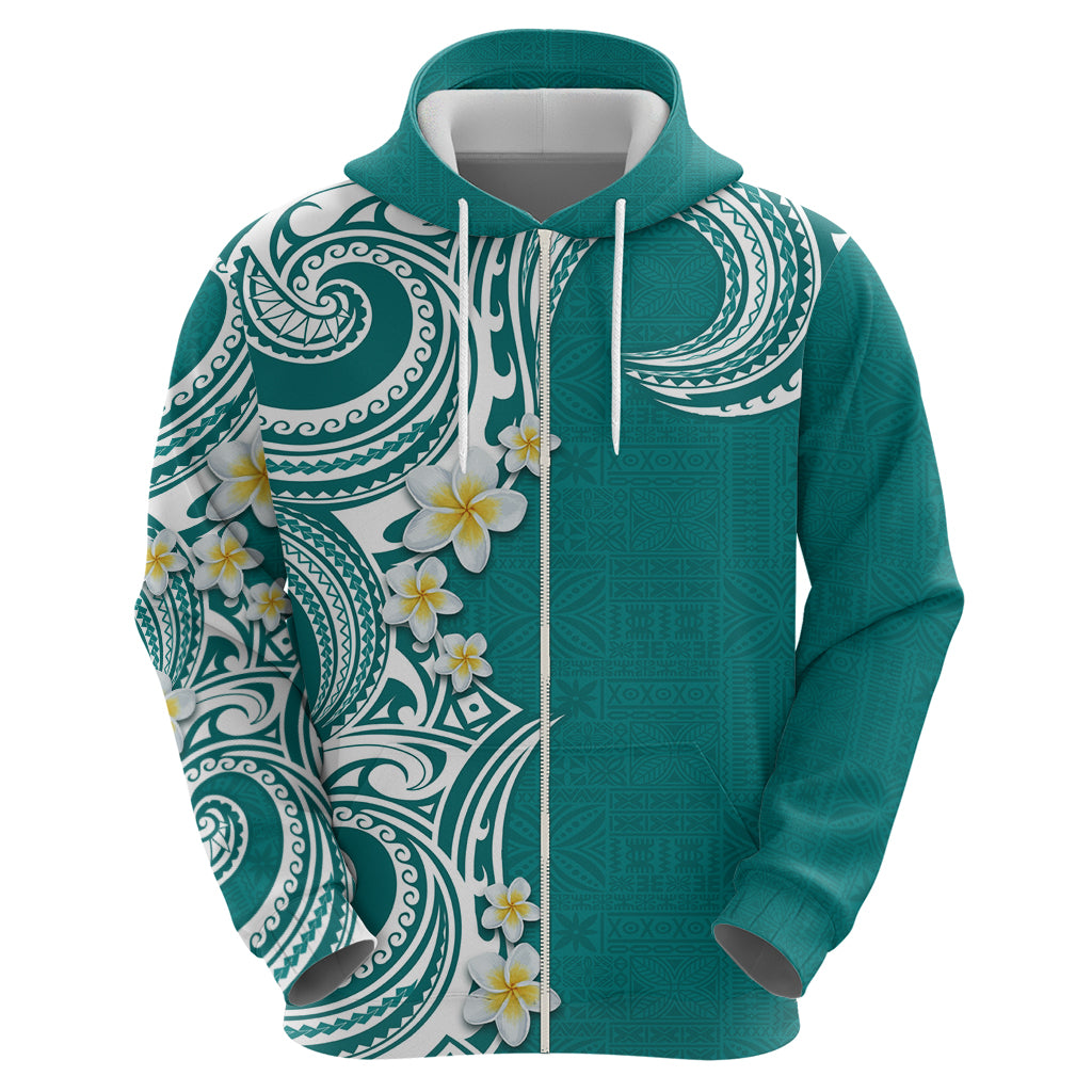 Aloha Polynesian Plumeria Flower Zip Hoodie Teal Color