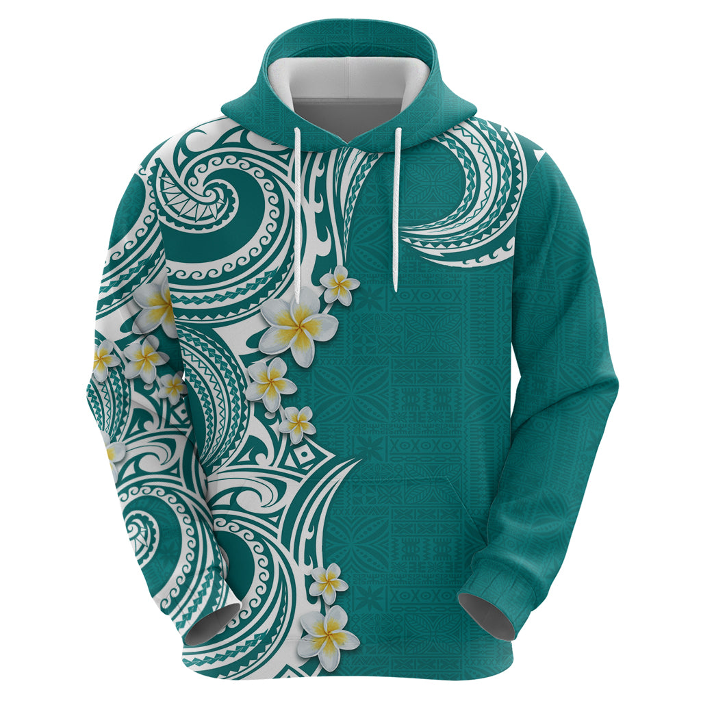Aloha Polynesian Plumeria Flower Zip Hoodie Teal Color