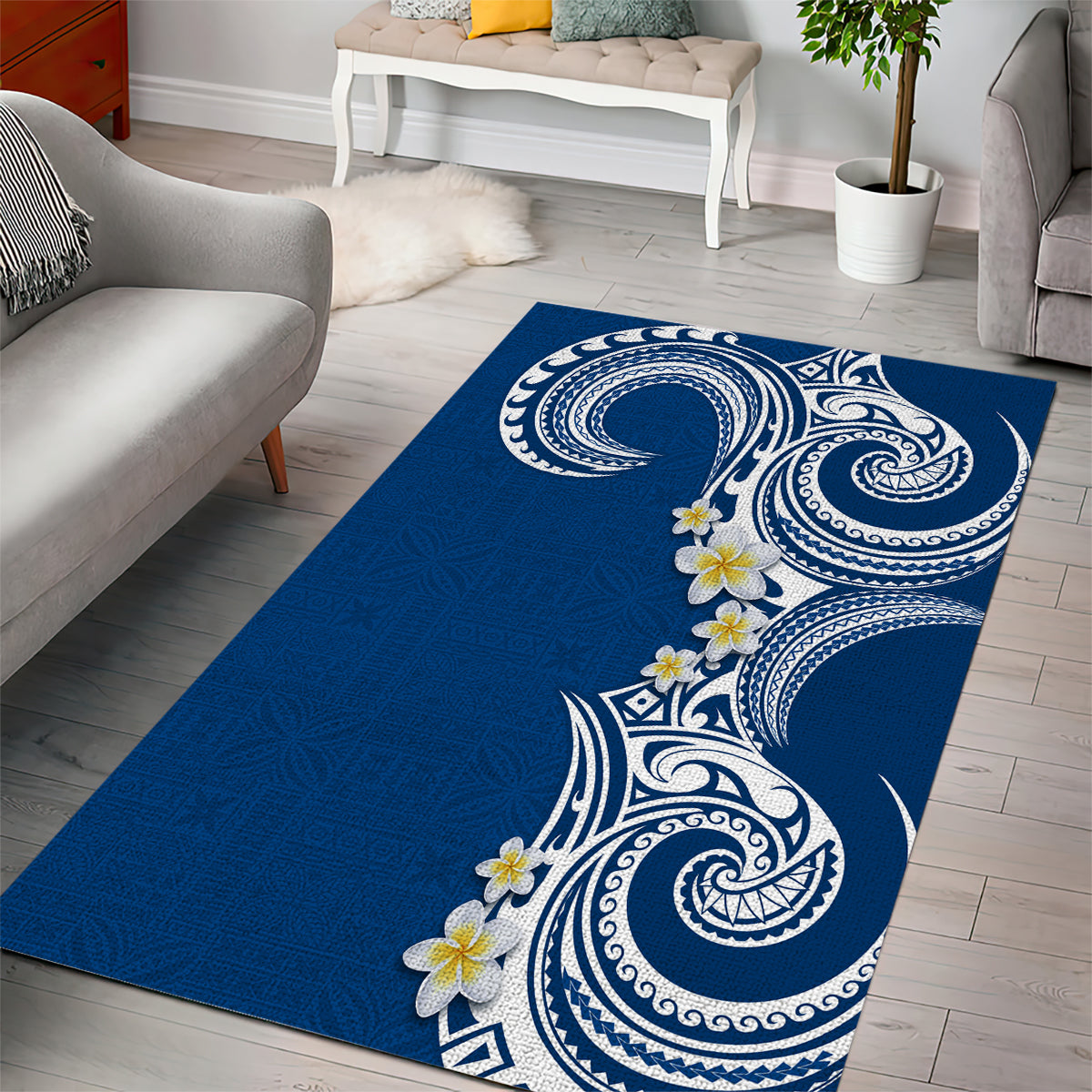 Aloha Polynesian Plumeria Flower Area Rug Blue Color