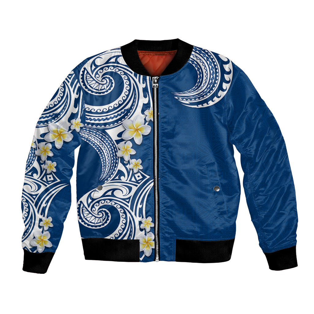 Aloha Polynesian Plumeria Flower Bomber Jacket Blue Color LT03 Unisex Blue - Polynesian Pride