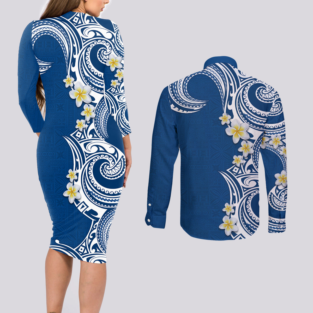 Aloha Polynesian Plumeria Flower Couples Matching Long Sleeve Bodycon Dress and Long Sleeve Button Shirt Blue Color LT03 - Polynesian Pride