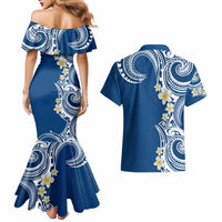 Aloha Polynesian Plumeria Flower Couples Matching Mermaid Dress and Hawaiian Shirt Blue Color