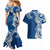 Aloha Polynesian Plumeria Flower Couples Matching Mermaid Dress and Hawaiian Shirt Blue Color