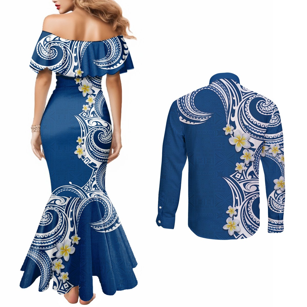 Aloha Polynesian Plumeria Flower Couples Matching Mermaid Dress and Long Sleeve Button Shirt Blue Color LT03 - Polynesian Pride