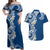 Aloha Polynesian Plumeria Flower Couples Matching Off Shoulder Maxi Dress and Hawaiian Shirt Blue Color