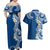 Aloha Polynesian Plumeria Flower Couples Matching Off Shoulder Maxi Dress and Hawaiian Shirt Blue Color