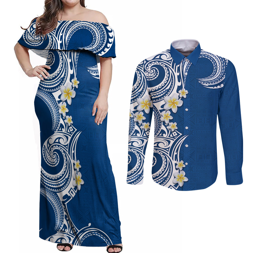 Aloha Polynesian Plumeria Flower Couples Matching Off Shoulder Maxi Dress and Long Sleeve Button Shirt Blue Color LT03 Blue - Polynesian Pride