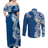 Aloha Polynesian Plumeria Flower Couples Matching Off Shoulder Maxi Dress and Long Sleeve Button Shirt Blue Color LT03 - Polynesian Pride