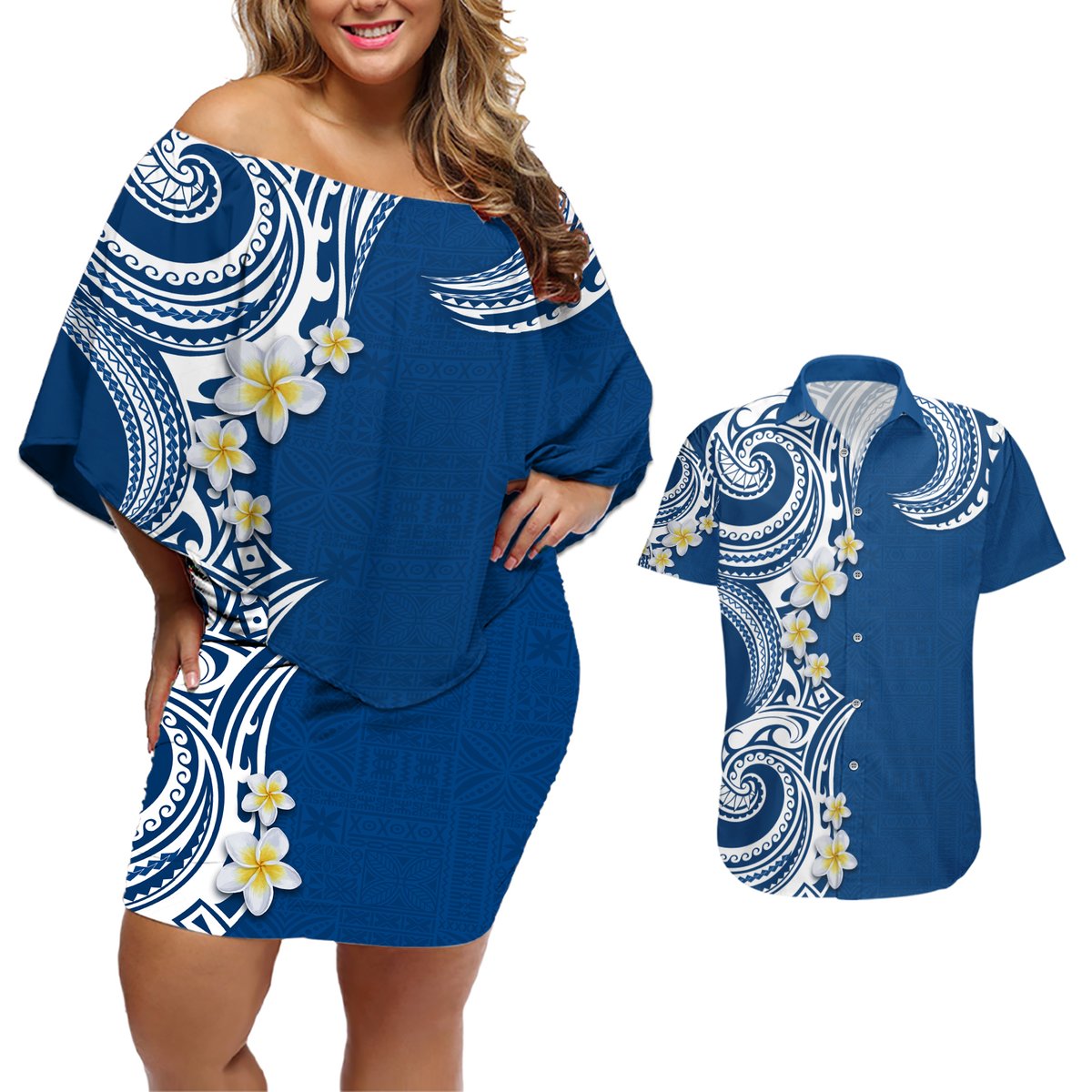 Aloha Polynesian Plumeria Flower Couples Matching Off Shoulder Short Dress and Hawaiian Shirt Blue Color LT03 Blue - Polynesian Pride