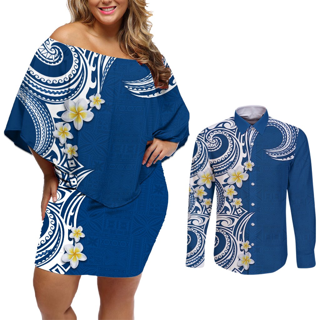 Aloha Polynesian Plumeria Flower Couples Matching Off Shoulder Short Dress and Long Sleeve Button Shirt Blue Color LT03 Blue - Polynesian Pride