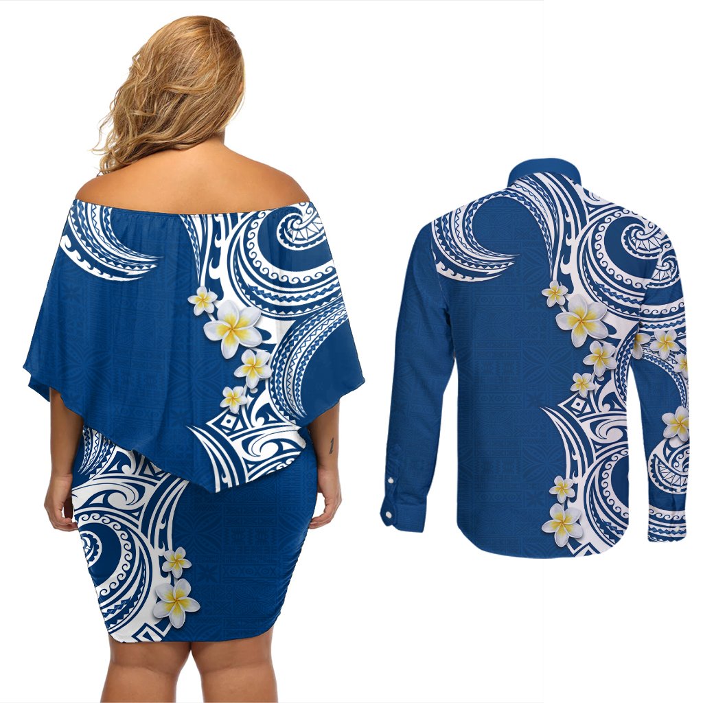 Aloha Polynesian Plumeria Flower Couples Matching Off Shoulder Short Dress and Long Sleeve Button Shirt Blue Color LT03 - Polynesian Pride
