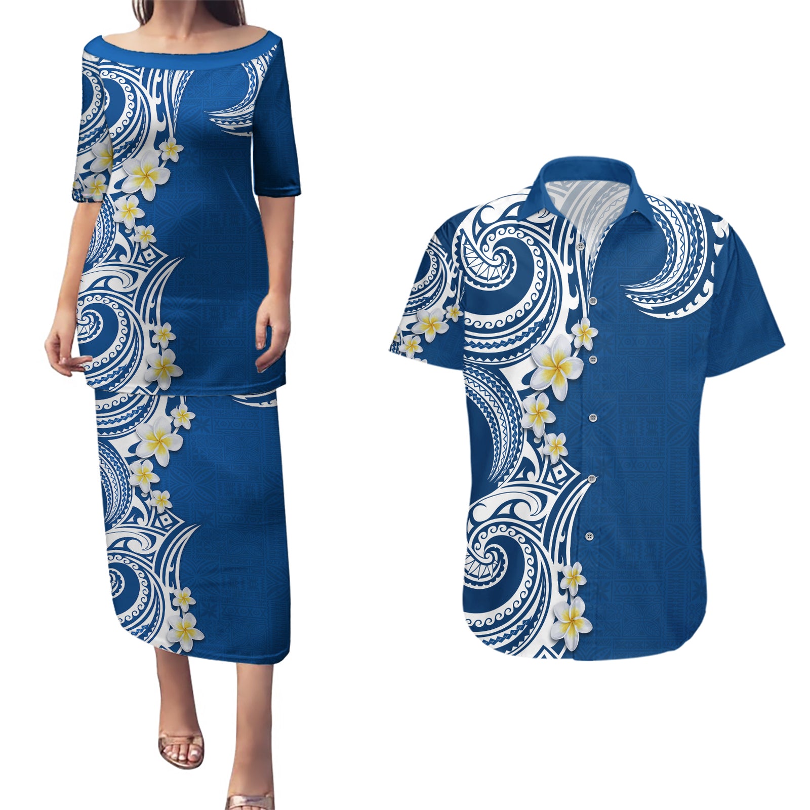 Aloha Polynesian Plumeria Flower Couples Matching Puletasi and Hawaiian Shirt Blue Color LT03 Blue - Polynesian Pride