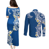 Aloha Polynesian Plumeria Flower Couples Matching Puletasi and Long Sleeve Button Shirt Blue Color