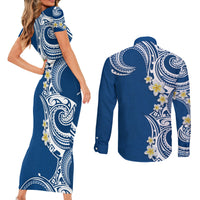 Aloha Polynesian Plumeria Flower Couples Matching Short Sleeve Bodycon Dress and Long Sleeve Button Shirt Blue Color LT03 - Polynesian Pride
