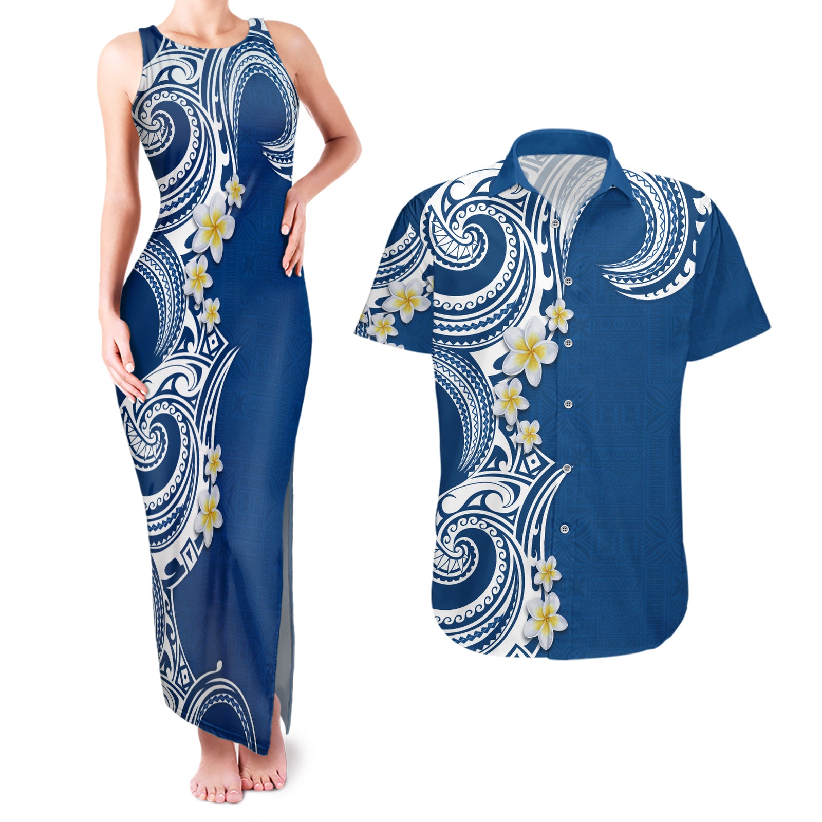 Aloha Polynesian Plumeria Flower Couples Matching Tank Maxi Dress and Hawaiian Shirt Blue Color LT03 Blue - Polynesian Pride