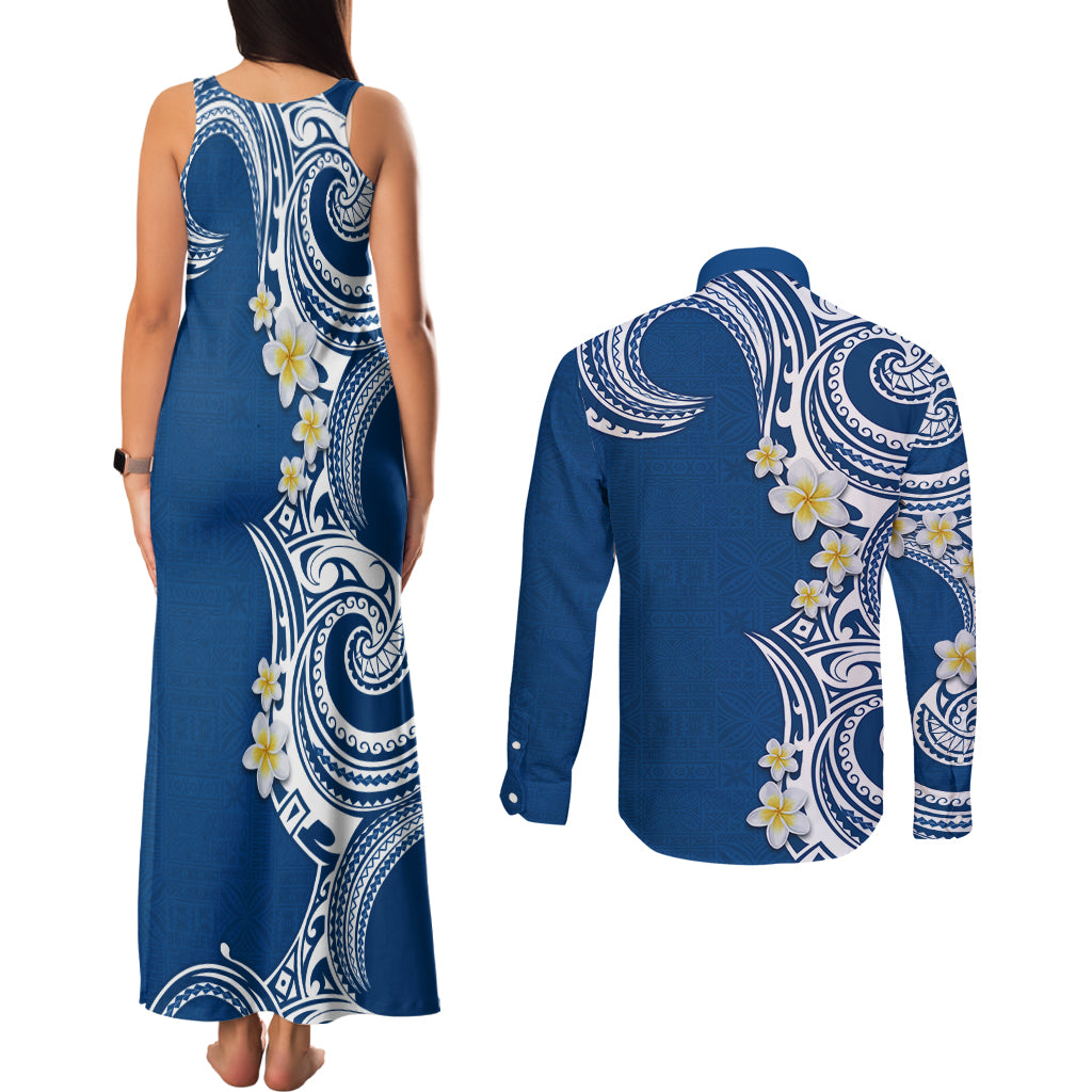 Aloha Polynesian Plumeria Flower Couples Matching Tank Maxi Dress and Long Sleeve Button Shirt Blue Color LT03 - Polynesian Pride