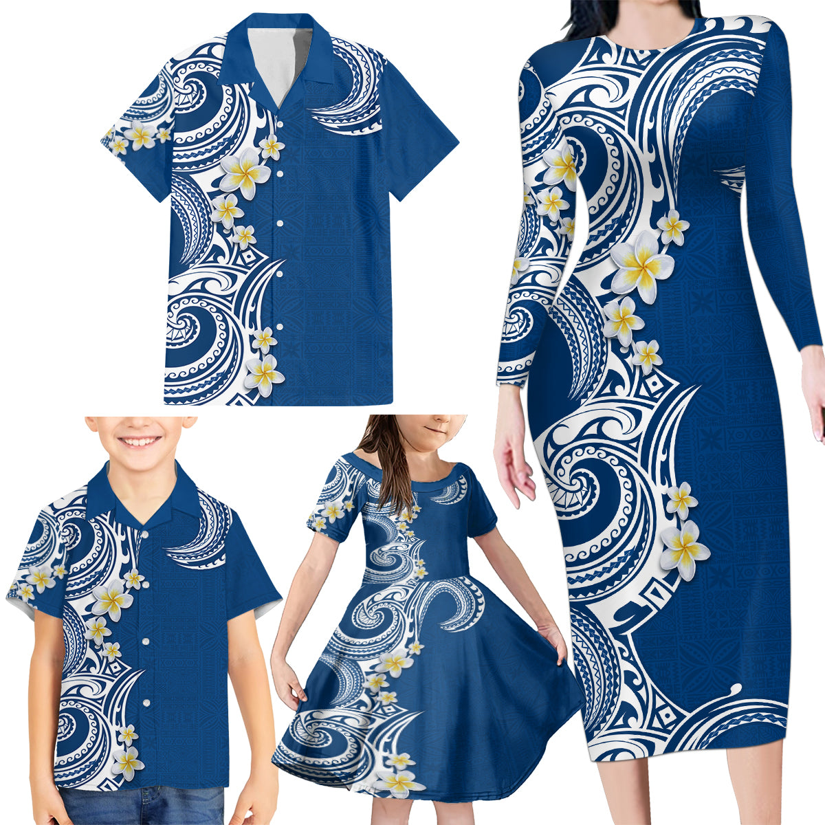 Aloha Polynesian Plumeria Flower Family Matching Long Sleeve Bodycon Dress and Hawaiian Shirt Blue Color