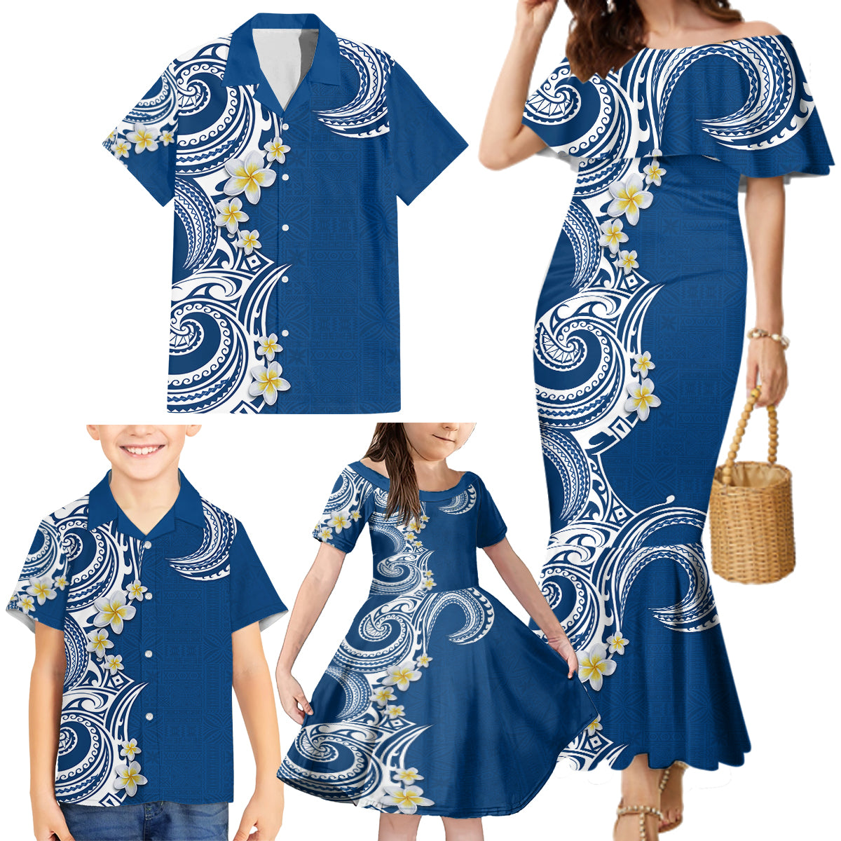 Aloha Polynesian Plumeria Flower Family Matching Mermaid Dress and Hawaiian Shirt Blue Color LT03 - Polynesian Pride
