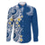 Aloha Polynesian Plumeria Flower Family Matching Off The Shoulder Long Sleeve Dress and Hawaiian Shirt Blue Color