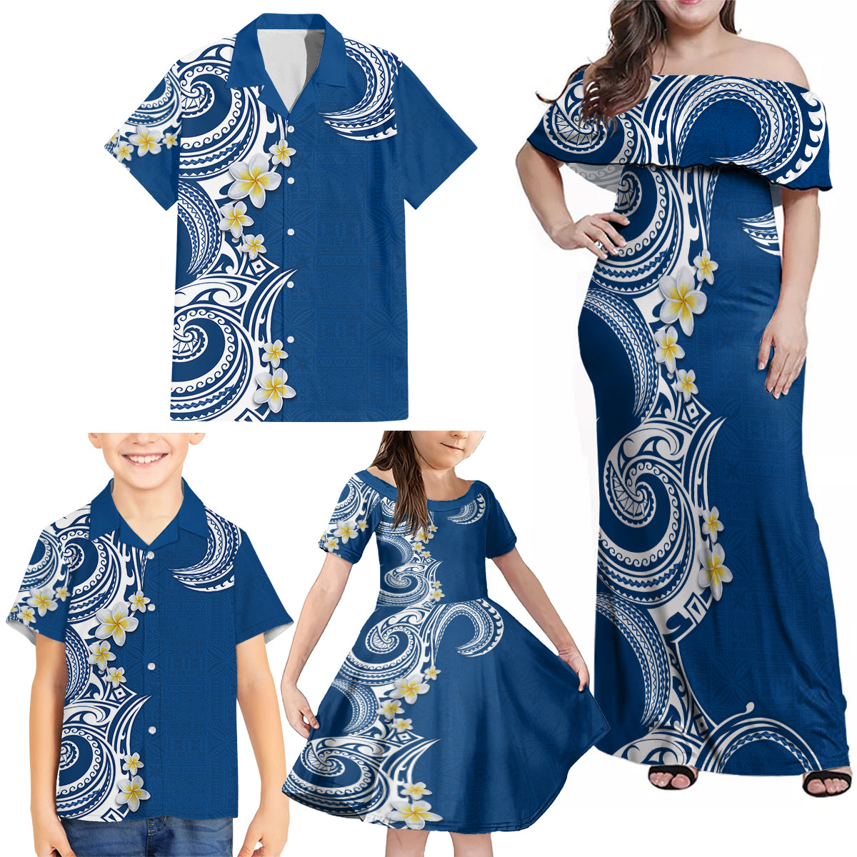 Aloha Polynesian Plumeria Flower Family Matching Off Shoulder Maxi Dress and Hawaiian Shirt Blue Color