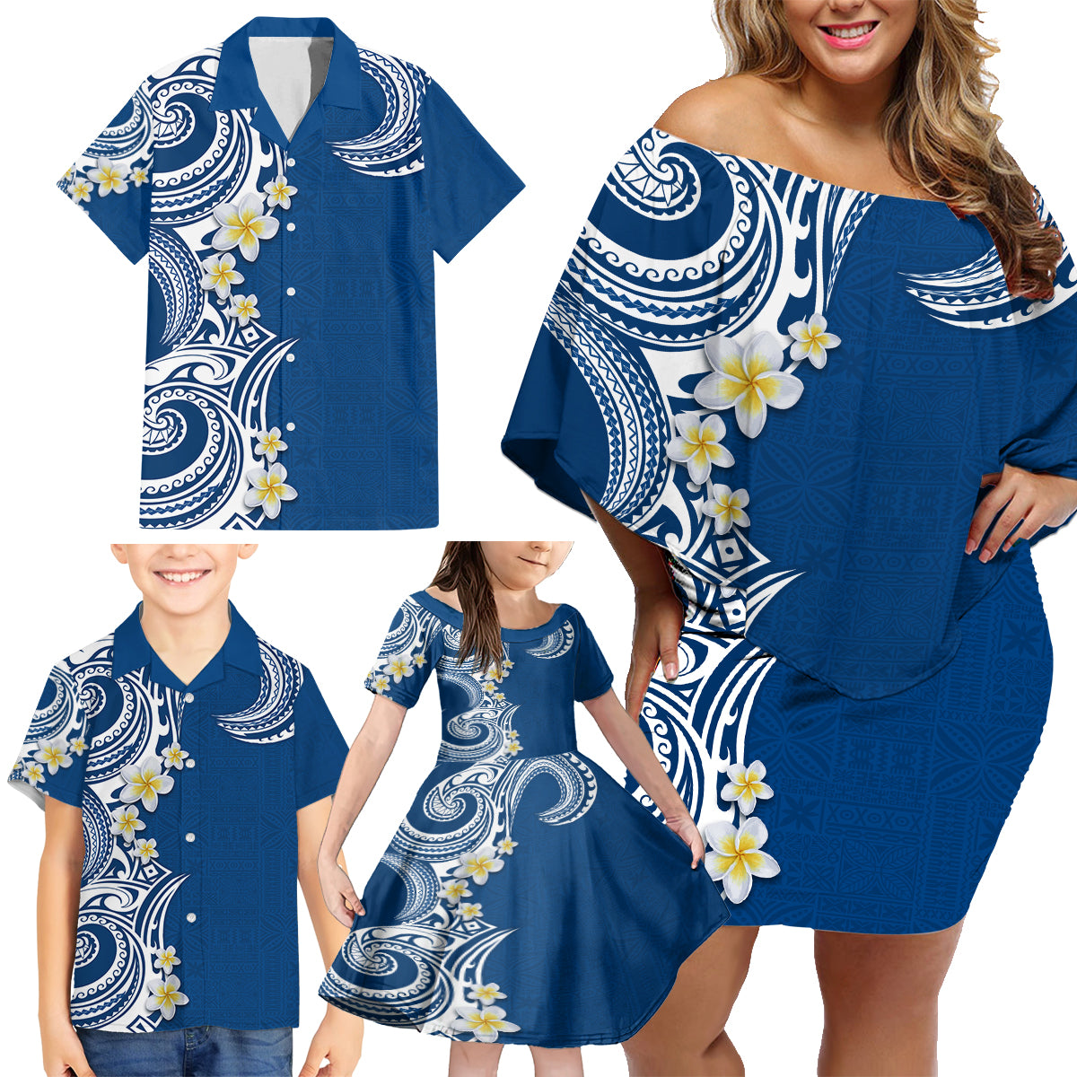 Aloha Polynesian Plumeria Flower Family Matching Off Shoulder Short Dress and Hawaiian Shirt Blue Color