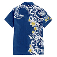 Aloha Polynesian Plumeria Flower Family Matching Puletasi and Hawaiian Shirt Blue Color