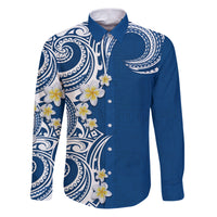 Aloha Polynesian Plumeria Flower Family Matching Puletasi and Hawaiian Shirt Blue Color