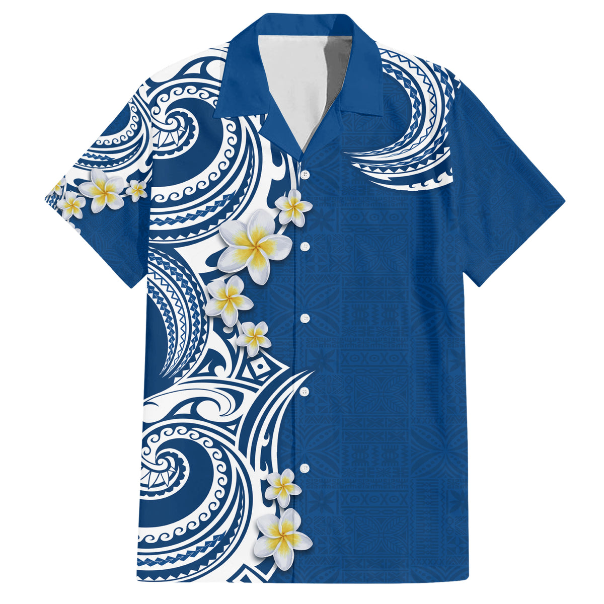 Aloha Polynesian Plumeria Flower Family Matching Short Sleeve Bodycon Dress and Hawaiian Shirt Blue Color LT03 Dad's Shirt - Short Sleeve Blue - Polynesian Pride