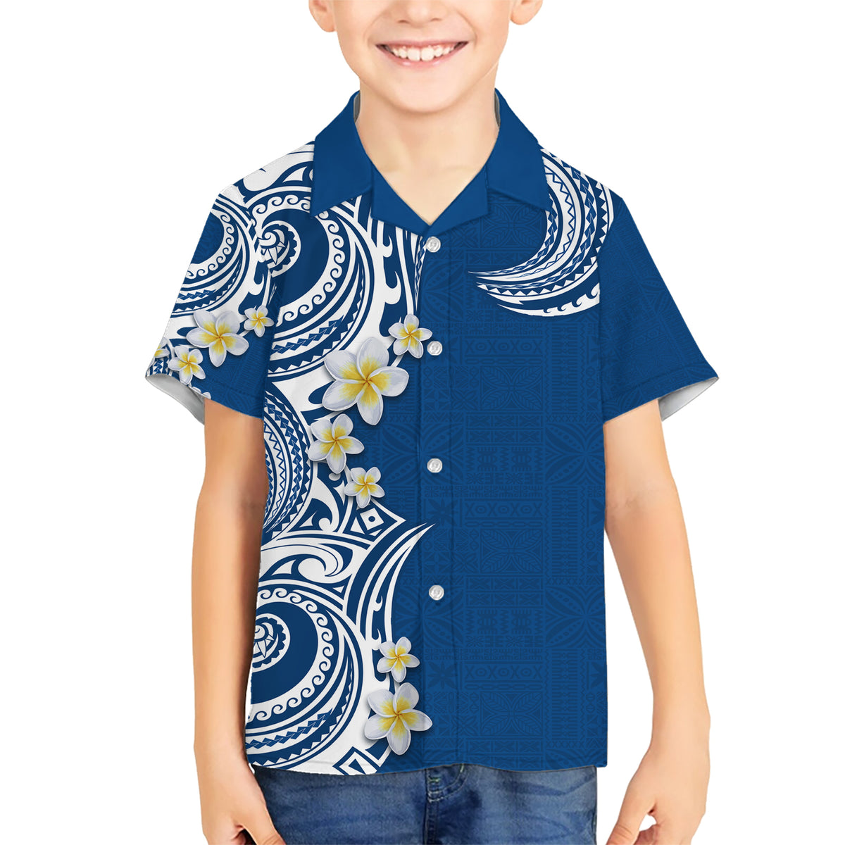 Aloha Polynesian Plumeria Flower Family Matching Short Sleeve Bodycon Dress and Hawaiian Shirt Blue Color LT03 Son's Shirt Blue - Polynesian Pride