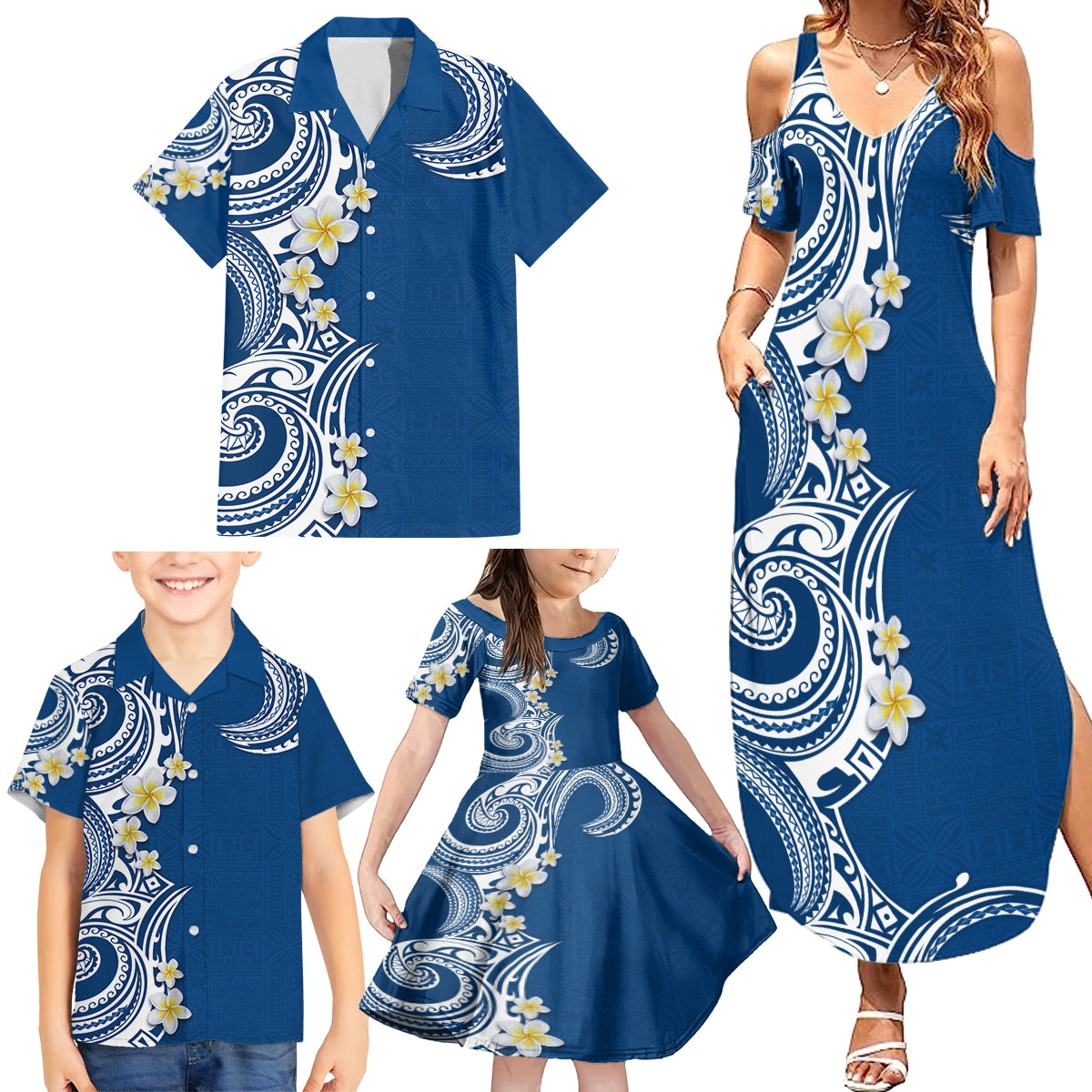 Aloha Polynesian Plumeria Flower Family Matching Summer Maxi Dress and Hawaiian Shirt Blue Color