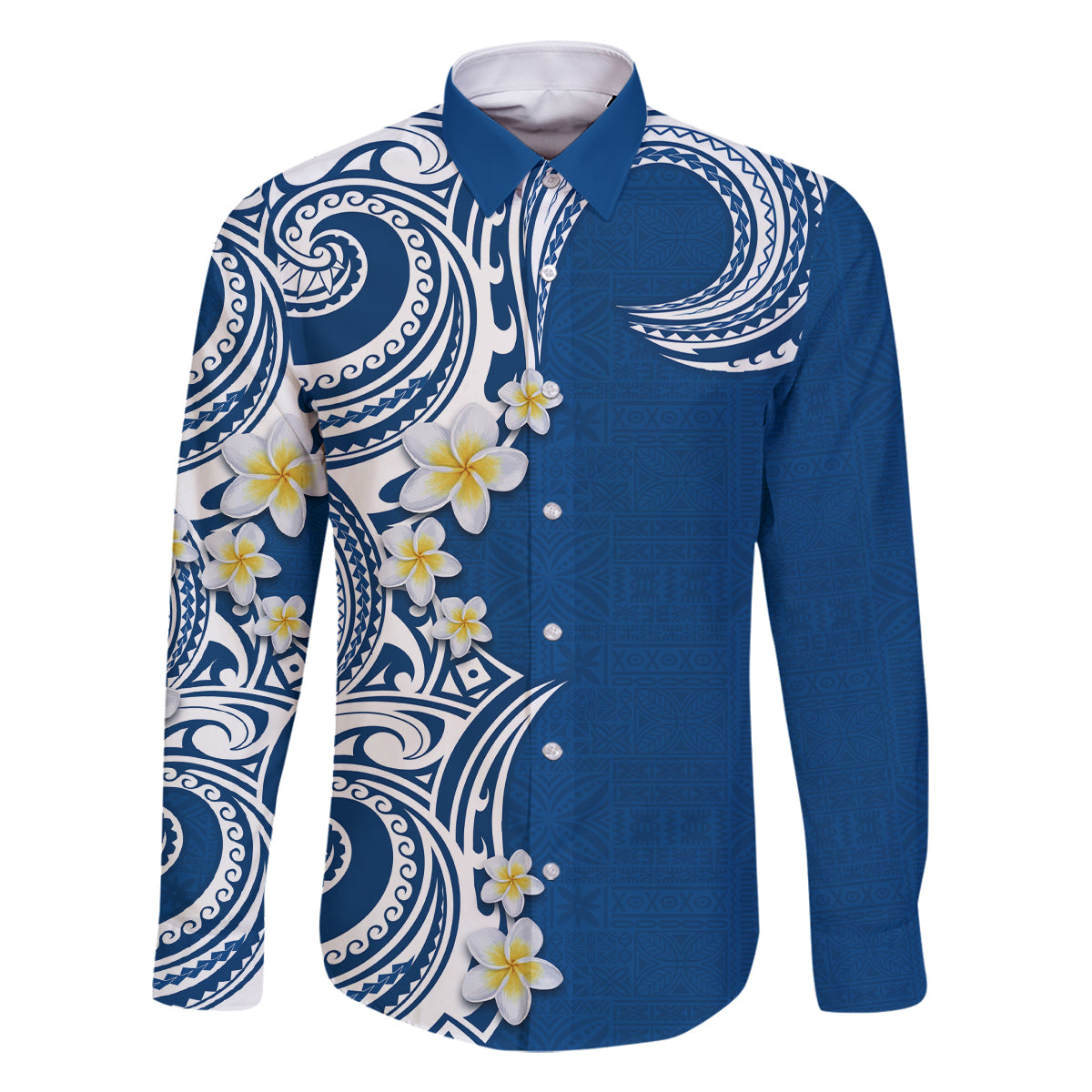 Aloha Polynesian Plumeria Flower Family Matching Tank Maxi Dress and Hawaiian Shirt Blue Color
