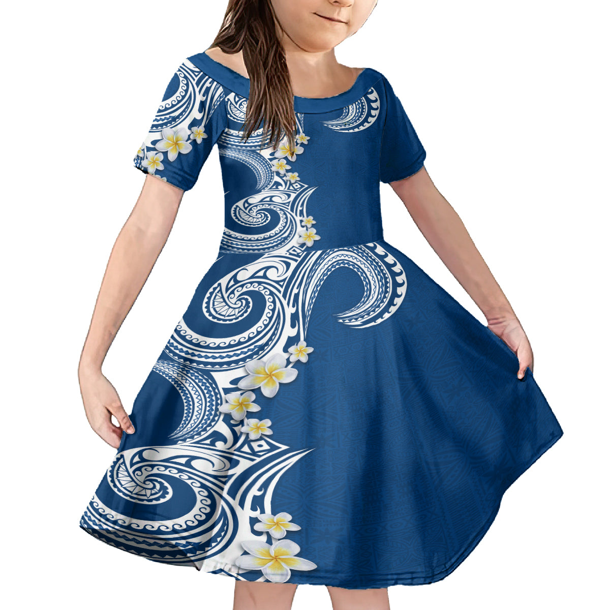Aloha Polynesian Plumeria Flower Kid Short Sleeve Dress Blue Color LT03 KID Blue - Polynesian Pride