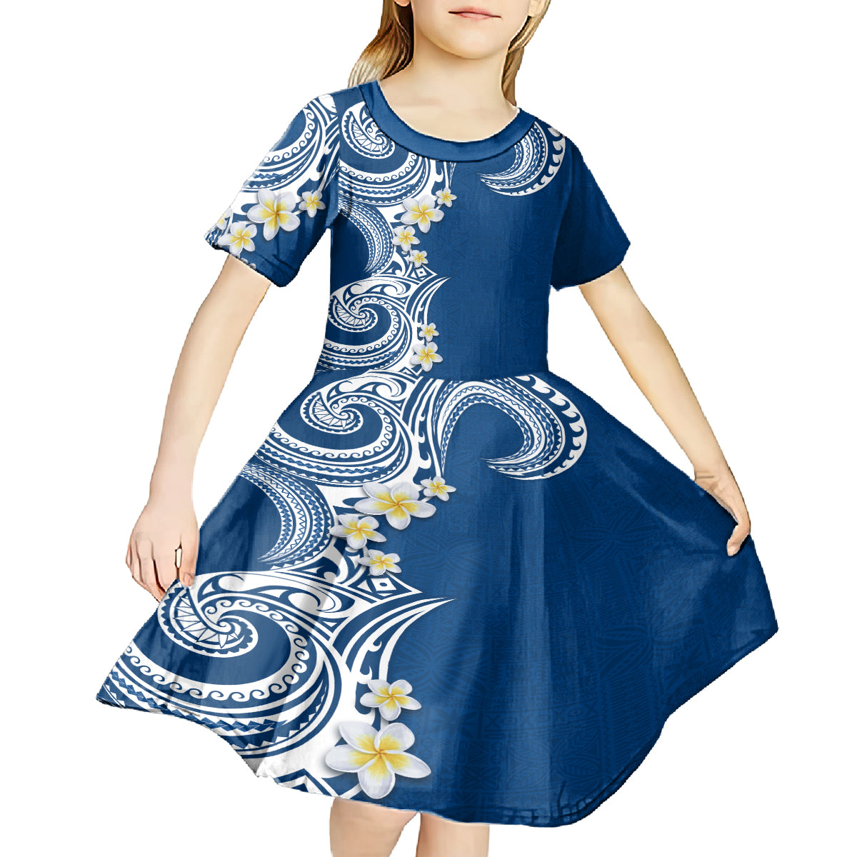 Aloha Polynesian Plumeria Flower Kid Short Sleeve Dress Blue Color LT03 - Polynesian Pride