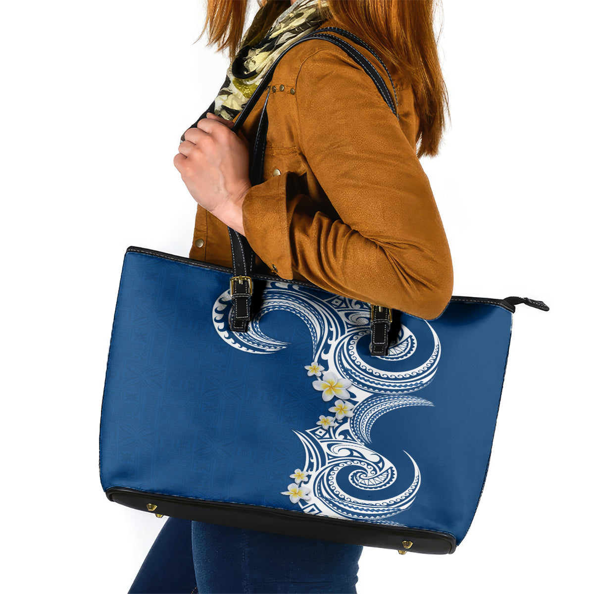 Aloha Polynesian Plumeria Flower Leather Tote Bag Blue Color LT03 Blue - Polynesian Pride