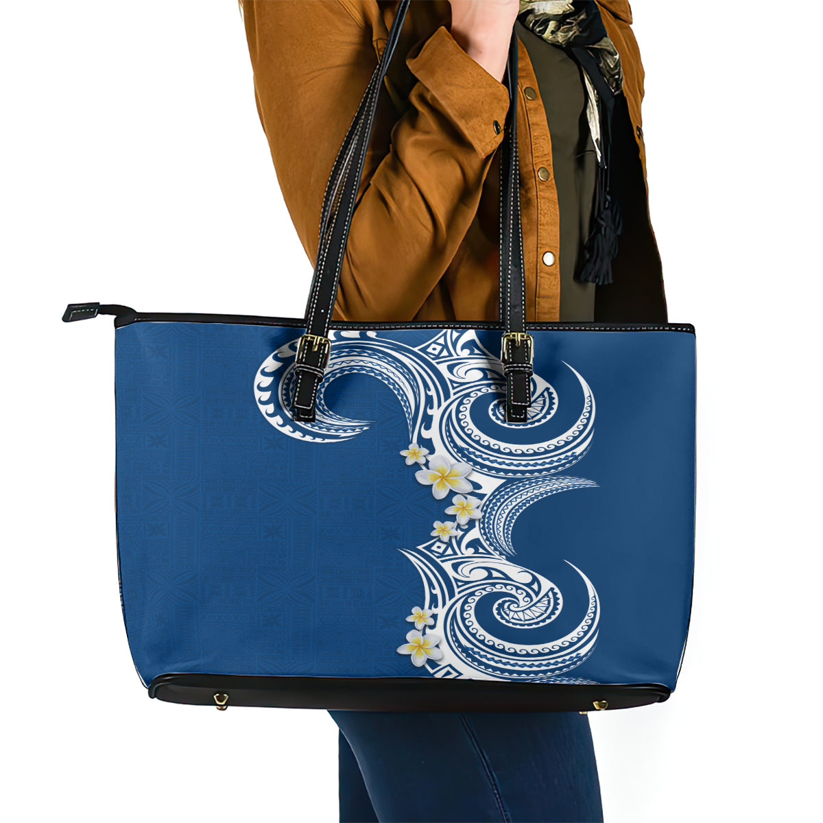 Aloha Polynesian Plumeria Flower Leather Tote Bag Blue Color LT03 - Polynesian Pride