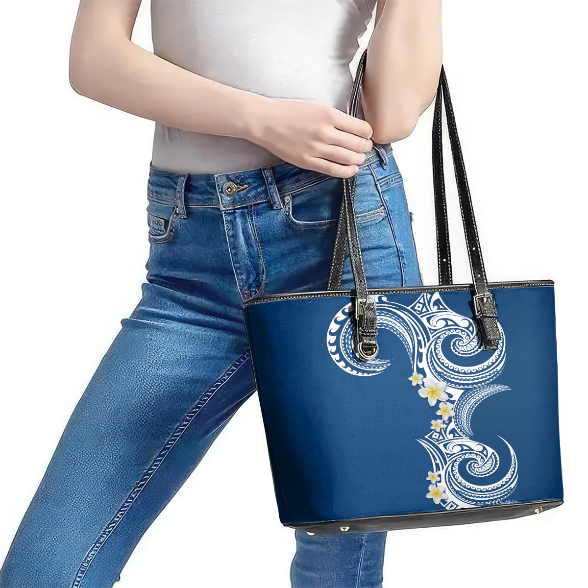 Aloha Polynesian Plumeria Flower Leather Tote Bag Blue Color LT03 - Polynesian Pride