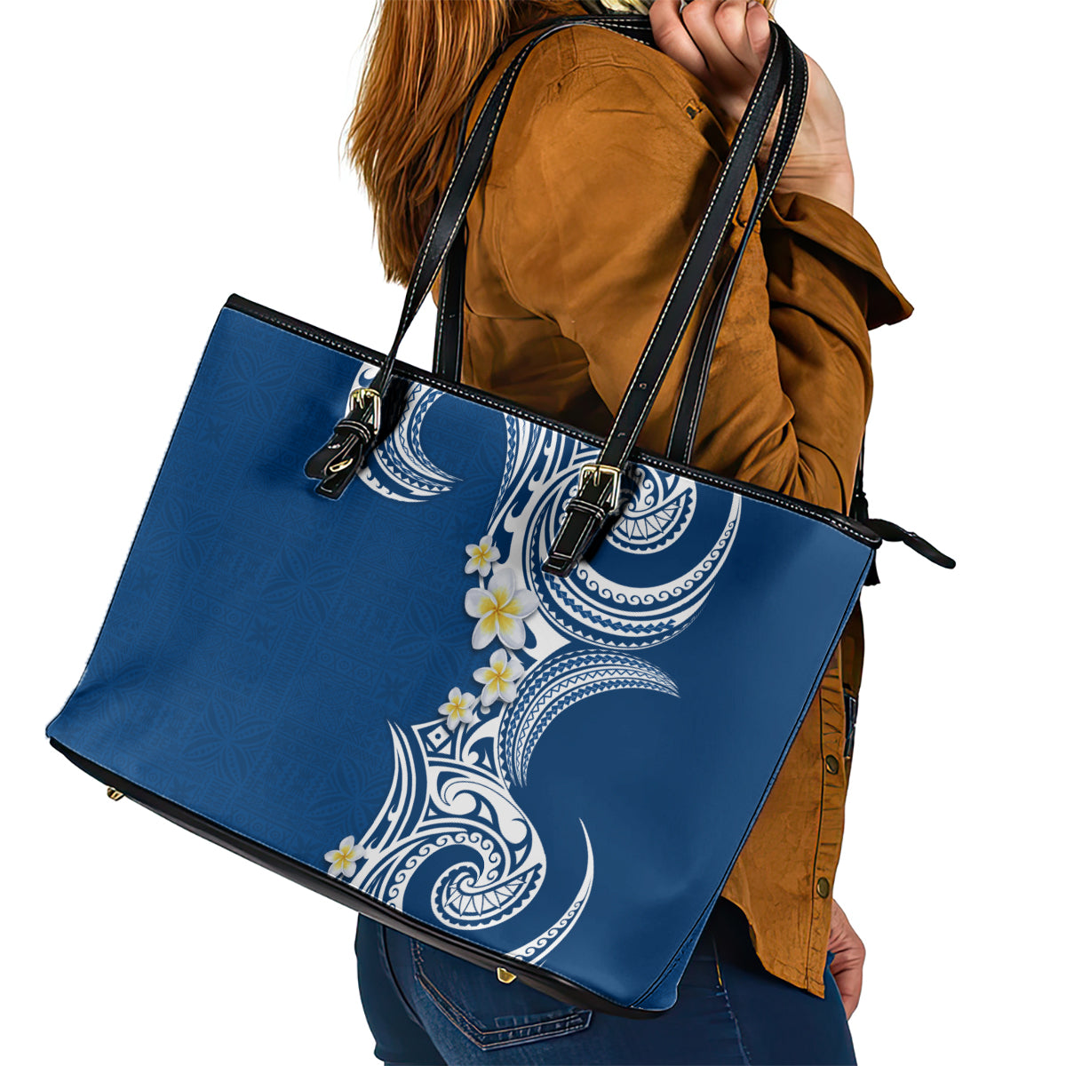 Aloha Polynesian Plumeria Flower Leather Tote Bag Blue Color LT03 - Polynesian Pride