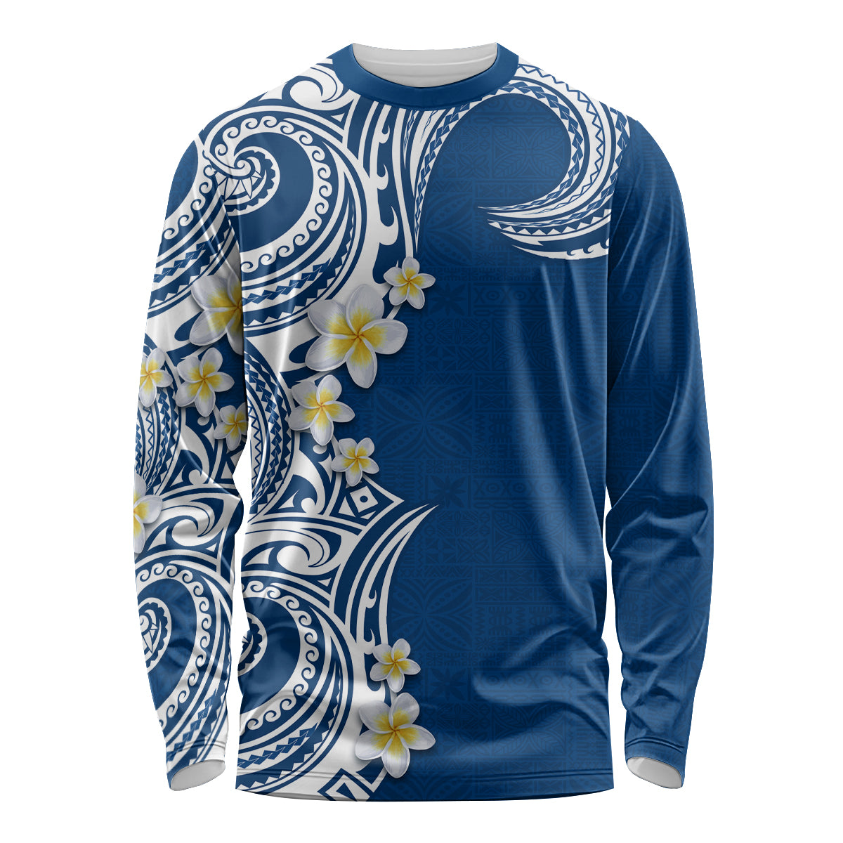 Aloha Polynesian Plumeria Flower Long Sleeve Shirt Blue Color