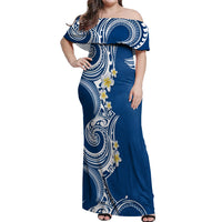 Aloha Polynesian Plumeria Flower Off Shoulder Maxi Dress Blue Color LT03 Women Blue - Polynesian Pride